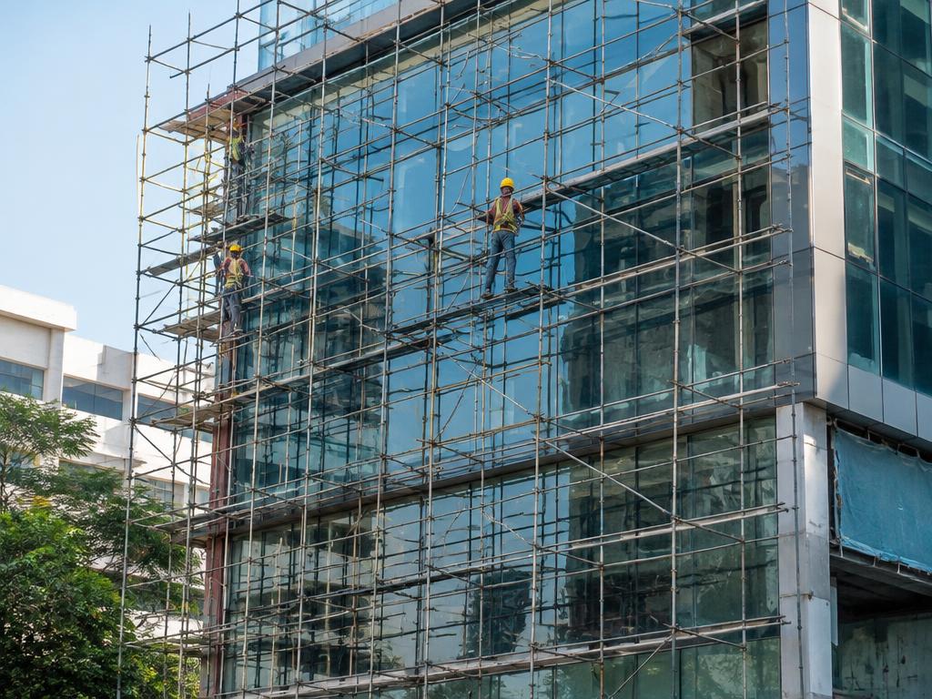 Steel scaffolding along a glass commercial office building facade
