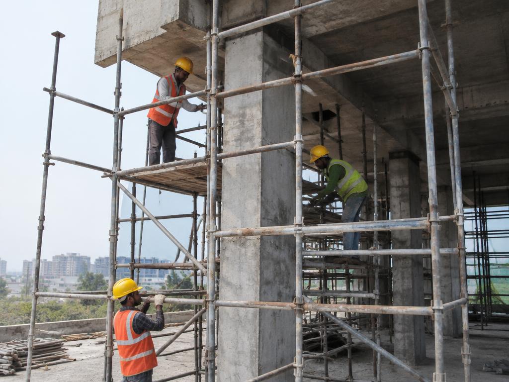 Workers on steel scaffolding around concrete columns at a Bangalore building site
