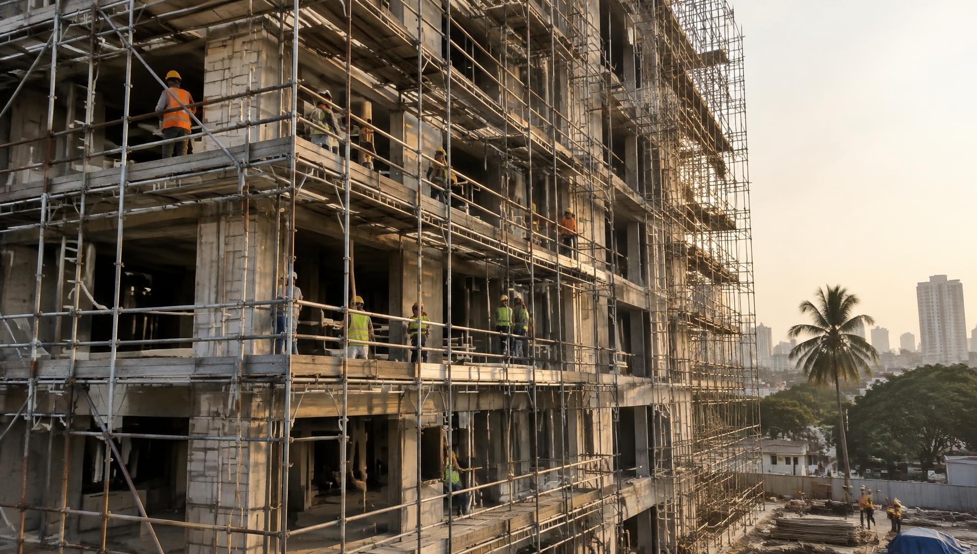 Steel scaffolding surrounding a multi-storey building under construction in Bangalore