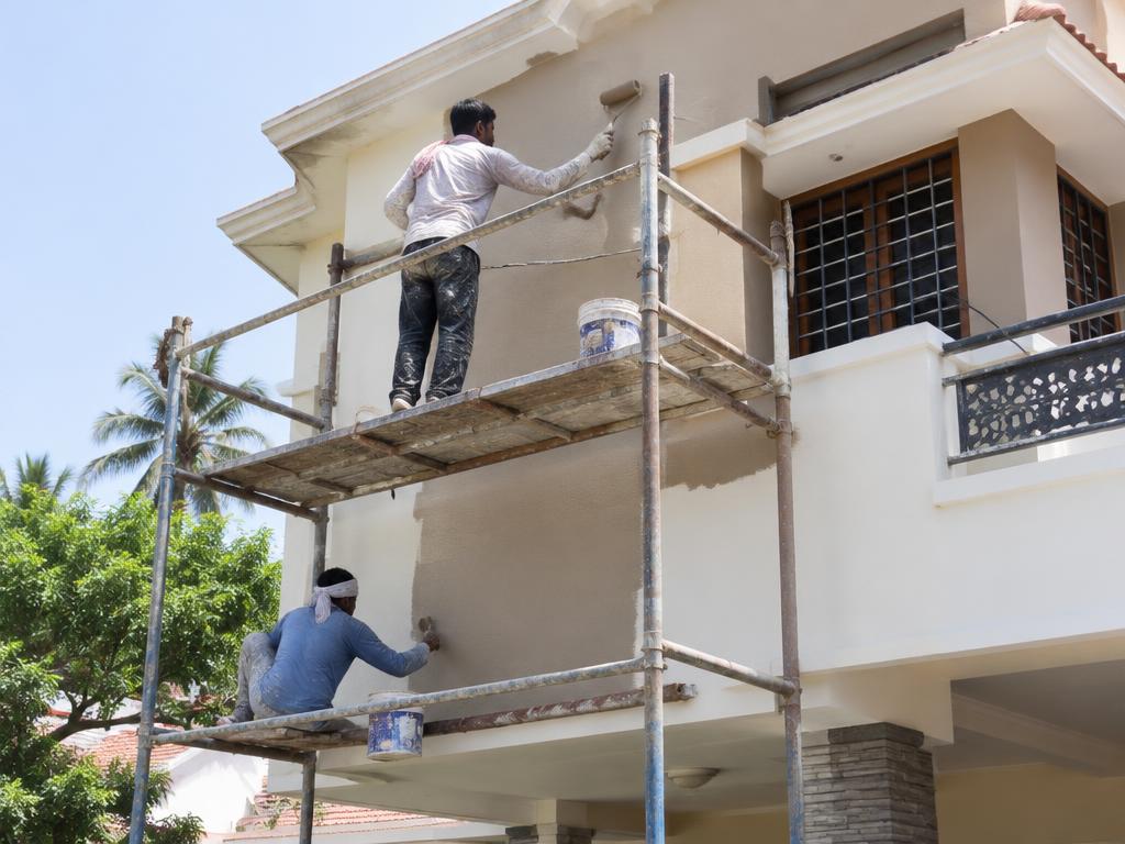 Painters working on scaffolding to paint the exterior wall of a house