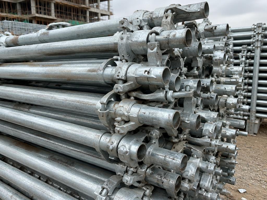 Stacked galvanised steel scaffolding pipes and couplers available for rent